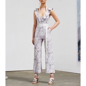 Zimmermann Linen Floral Ruffle Empire Flute Jumpsuit